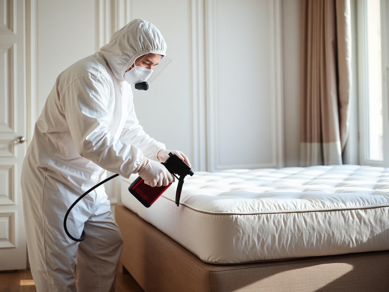 Exterminateur punaises de lit en intervention à Paris — technicien Certibiocide traitant un matelas